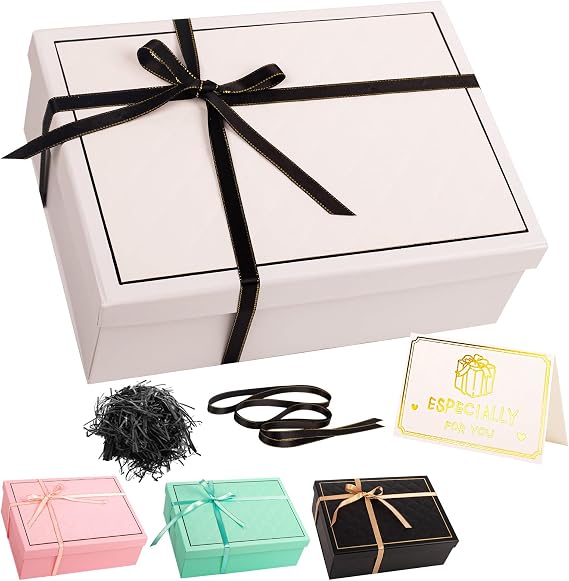 White Gift Box with Lid 25x18x9cm Medium/Large Luxury Gift Boxes for Presents, Cardboard Empty Gift Box for Birthday Wedding Christmas Valentines Present Box for Girls Her Women with Ribbon