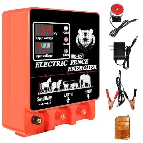 Electric Fence Energiser,30KM 8 Joules,Input 12V Output 12KV, Electric Fence Charger High Voltage Pulse Controller for Livestock Cattle Cow,Deter Predators (30KM with Alarm)