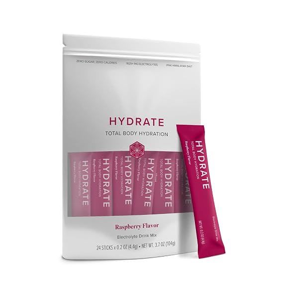 Isagenix Hydrate, Electrolyte Sticks, No Added Sugar, Raspberry, 24 Sv | Superior Hydration, 1625+ mg of Essential Electrolytes, No Added Sugar, Raspberry Flavor