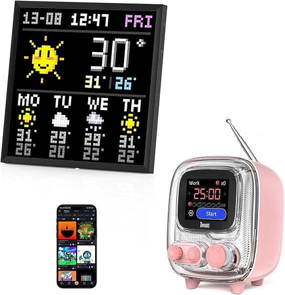 Divoom Pixoo-64, 64 X 64 LED Panel Display Frame + Divoom Tiivoo-2 Pixel Art Mini TV Retro Bluetooth Speaker with FM Radio Pink
