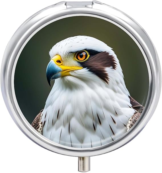 3 Compartment Medicine Pill Case, Spear Falcon, White Eagle Round Pill Box, Portable Decorative Medicine Organizer for Pocket Or Purse Vitamin Organize
