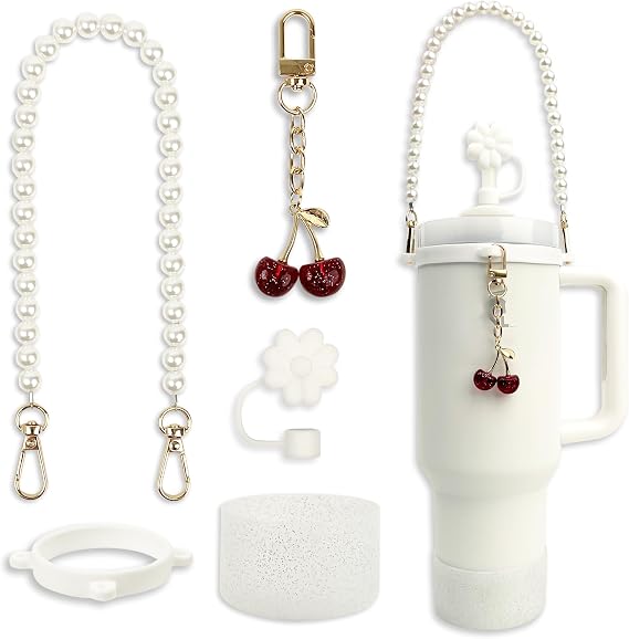 Stanley Cup Accessories Set for Stanley 30 oz 40 oz Tumbler, Includes Straw Cover, Silicone Boot, Water Bottle Handle Strap, and Cherry Charm, Compatible with Pink & Purple Stanley Cup