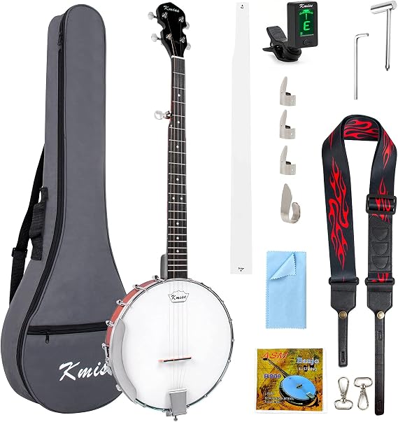 Kmise Banjo 5 String 24 Bracket Open Solid Back Geared 5th Tuner Arm Rest with Gig Bag Tuner String Strap Picks Wrench