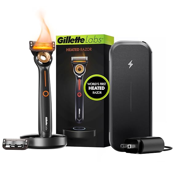 Gillette Heated Razor for Men, Deluxe Travel Shave Kit by GilletteLabs, 1 Handle, 2 Blade Refills, Charging Dock, Case