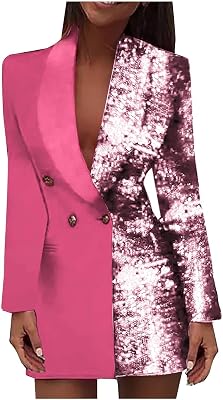 HGps8w Double Breasted Sequins Blazer Dress for Women Sexy Colorblock Long Blazers Jackets Formal Evening Party Club Outfit