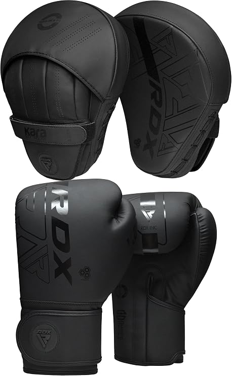 RDX Boxing Pads and Gloves Set, Maya Hide Leather Kara Hook and Jab Curved Focus Mitts with Punching Gloves for MMA, Muay Thai, Kickboxing Coaching, Martial Arts