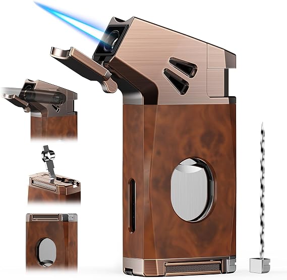 5-in-one Torch Lighter with Straight Tool, Built in Punch, Holder, and Draw Enhancer Tool, Windproof Jet Flame Lighter, Refillable Butane Torch Lighter Gifts for Men, Cool Lighter for Candle, Travel