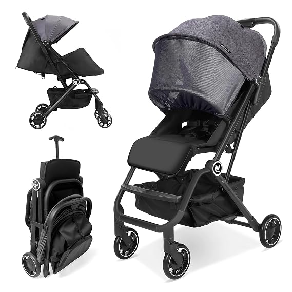 Rollingsurfer Lightweight Baby Stroller for Airplane, Compact Travel Pushchair with Retractable Foot Cover & Reclining Backrest, One Hand Fold Stroller for Toddlers 0-36 Months
