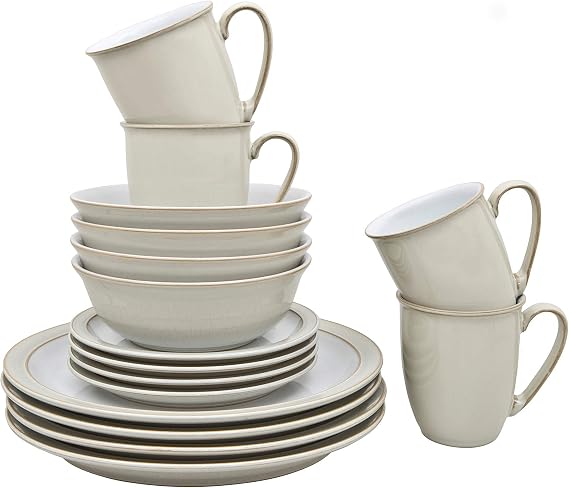 Denby - 016048750 Linen Cream White Dinner Set For 4 - 16 Piece Stoneware Tableware Plate & Bowl Set - Dishwasher Safe - Includes 4 x Dinner Plates, Small Plates, Cereal Bowls, Coffee Mugs