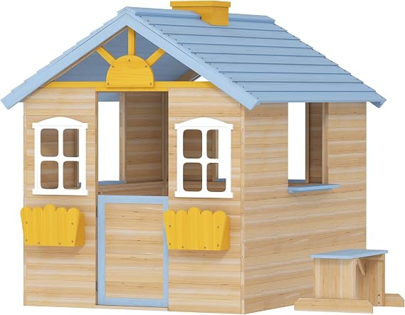 5x6ft Premium Wooden Playhouse with Functional Doors, Operational Windows, Built-in Seat, Service Facility, Flower Holder, Light Blue