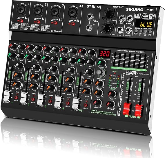 6 Channel Professional Portable Audio Mixer,320 DSP Effects+7-Band Equalizer,Bluetooth Sound Card+48V Phantom Power,USB Interface,for PC Recording,Karaoke Studio Effects,and Streaming Playback
