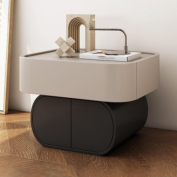 Solid wood Nightstand, Modern Irregular Bedside Table with 2 push-to-pop drawers, Fully Assembled, Side Tables Storage Cabinet with Silent slides for