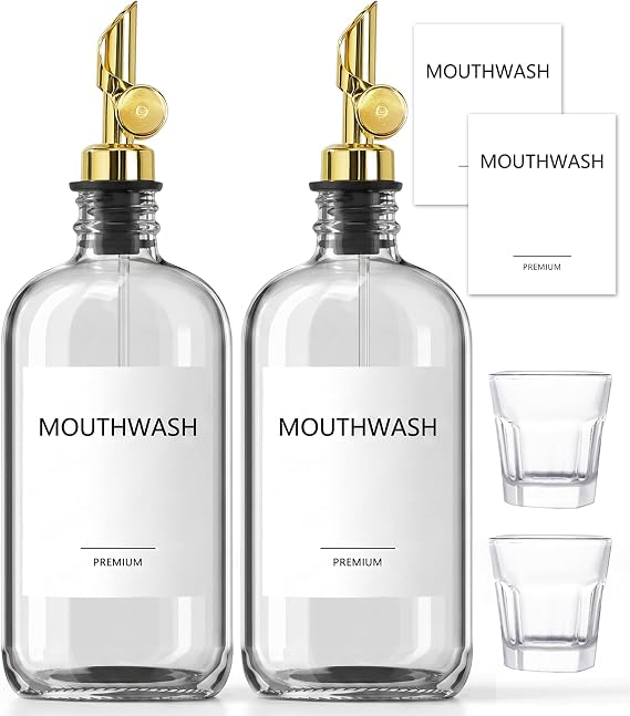Gargara Dispenseri, Banyo için Cam Gargara Dispenseri, Bardaklı Ağız Yıkama Kabı Şişesi, 2 Paket Doldurulabilir Gargara Dekantörü, 16 oz