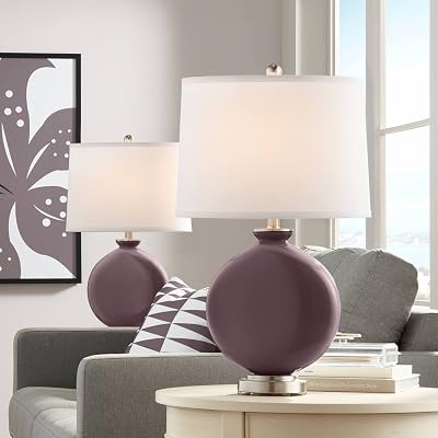 Color  Plus Carrie 26 12 Tall Round Modern Table Lamps Set of 2 Poetry Plum Purple Finish Glass Fabric White Shade Living Room Bedroom Bedside Nightstand House Office Family Reading Kitchen