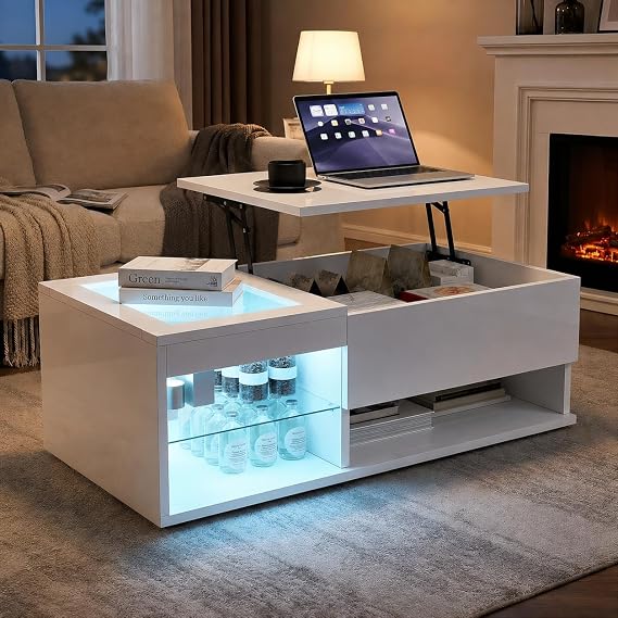 BRILVERDE High Gloss Coffee Table 100 x 55 x 35 cm Folding Living Room Table with 16-Colour LED Modern Sofa Table with Storage Space Side Table with Shelves (White 100 x 55 x 35 cm)