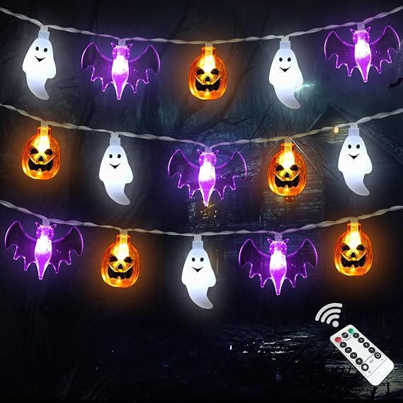 Zimati Halloween Lights Decor, 16 FT 30 LED 3D Pumpkin Bat Ghost Battery Operated String Lights with Timer - 8 Lighting Modes Fairy Lights for Home Door Porch Indoor Outdoor Party Decorations
