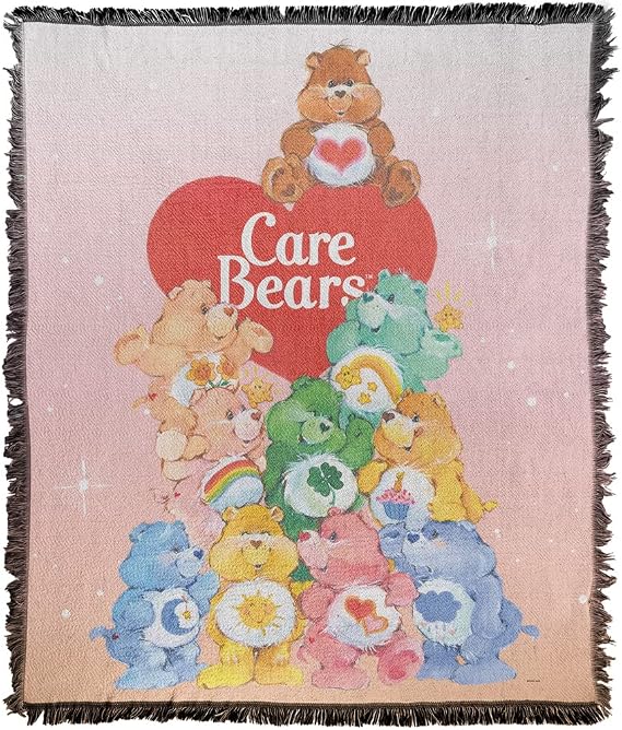 LOGOVISION Care Bears Blanket, 50" x 60" Beary Big Pile Woven Tapestry Cotton Blend Fringed Throw Blanket