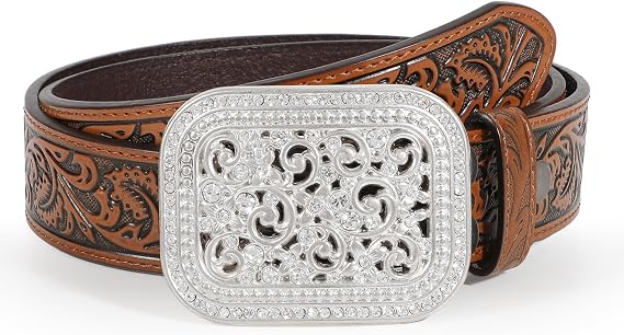 Women Men Western Genuine Leather Belt Cowgirl Cowboy Floral Engraved Tooled Belt Strap Embossed Scrollwork Buckle