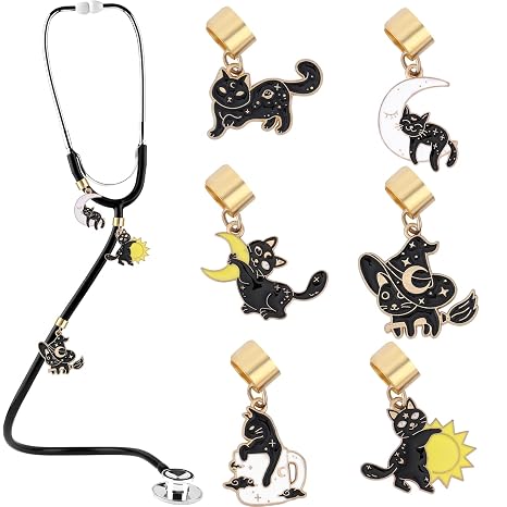 Cats Stethoscope Charm Tag for Nurse Cute Black Personalized | Includes 6 Pieces. Personalized Medical ID Tag Decor. Ideal Gift For Nurses & Medical Staff