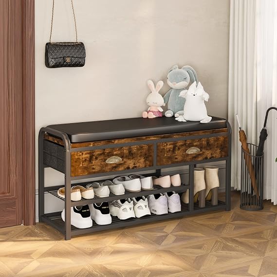 Homeiju Shoe Bench, 3 Tier Entryway Bench, Shoe Storage Bench with Padded Seating & Drawers, 35.5 Metal Entryway Foyer Hallway Bench, Vintage Brown