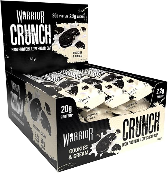 Warrior Crunch Protein Bars, Cookies and Cream 12 x 64g – High Protein Snacks (20g), Low Sugar, Low Calorie Snack Bar, Guilt-Free On-the-Go Treats, Multipack Diet Bars for Weight Loss