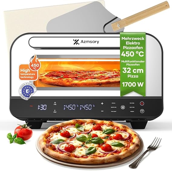 Electric Pizza Oven - 6 Programmes 1700W Max 450°C Suitable for 32cm Pizzas - 5-in-1 Multifunction: Pizza Grilling Keeping Warm Baking and Cooking - Includes Pizza Stone and Pizza Peel