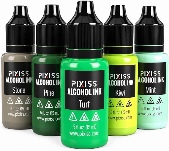 Pixiss Green Alcohol Ink Set - 5 Shades of Highly Saturated Alcohol Ink for Epoxy Resin Supplies, Yupo Paper, Tumblers, Coasters - Resin Colorant for Epoxy Resin and Resin Art Supplies