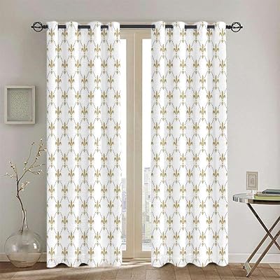 Classic Kitchen Curtains with Grommet Top Fleur De Lis White Camel Blackout Cafe Curtains for Windows, Living Room Decor, Light Reducing Yellow White 53x53 Inch,2 Panels