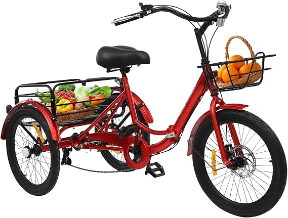 20 Inch Folding Tricycle, 7 Speed Tricycle Bike, 3 Wheel Bike for Adults and Seniors, Adjustable Tricycle City Tricycle with Front Basket and
