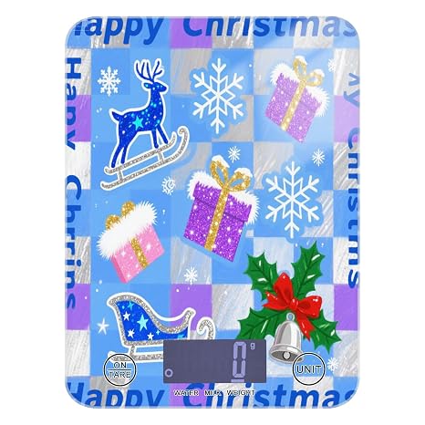 Waterproof Food Scale Cute 11lb/0.18oz, 5kg/5g Blue-Purple Check Merry Christmas Kitchen Supplies Scale with 4 Unit for Spices Soap Making Baking (Batteries not Included) bascula para pesar