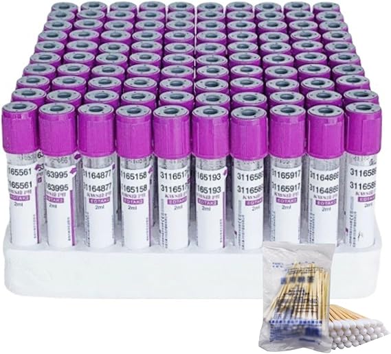 100PCS Vacuum Blood Collection Tube, 2ml/5ml/10ml Edta K2 Glass Tubes with Purple Screw Cap for Laboratory,10ml