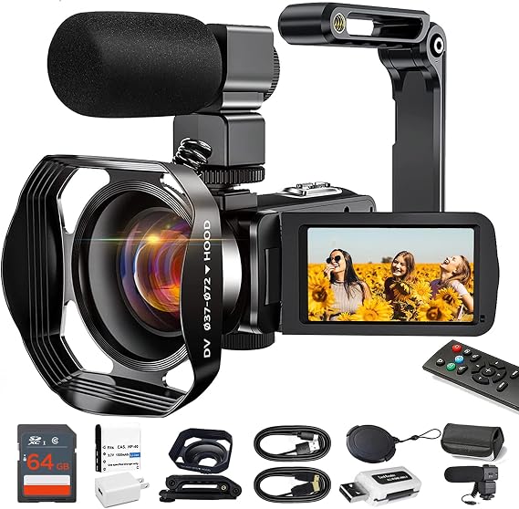 4K Video Camera Camcorder 48MP Auto Focus 60FPS WiFi Vlogging Camera for YouTube with Microphone, Stabilizer, 18X Zoom, IR Night Vision, 3.0" Touch Screen, Remote, 64GB SD Card & Card Reader