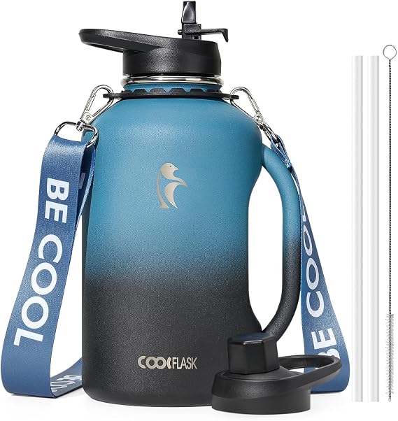 Coolflask 2L Water Bottle Insulated Stainless Stee with Handle & 2 Lids