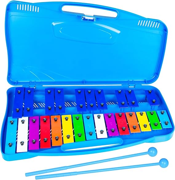 25 Note Glockenspiel Xylophone - Color-Coded Metal Keys with Mallets, Percussion Instrument for Beginners & Music Learning, Blue