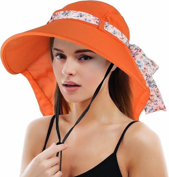 Solaris UPF 50+ Wide Brim Sun Hat for Women - Small Size Packable Lightweight, Floral Scarf Cooling Hat with Neck Flap