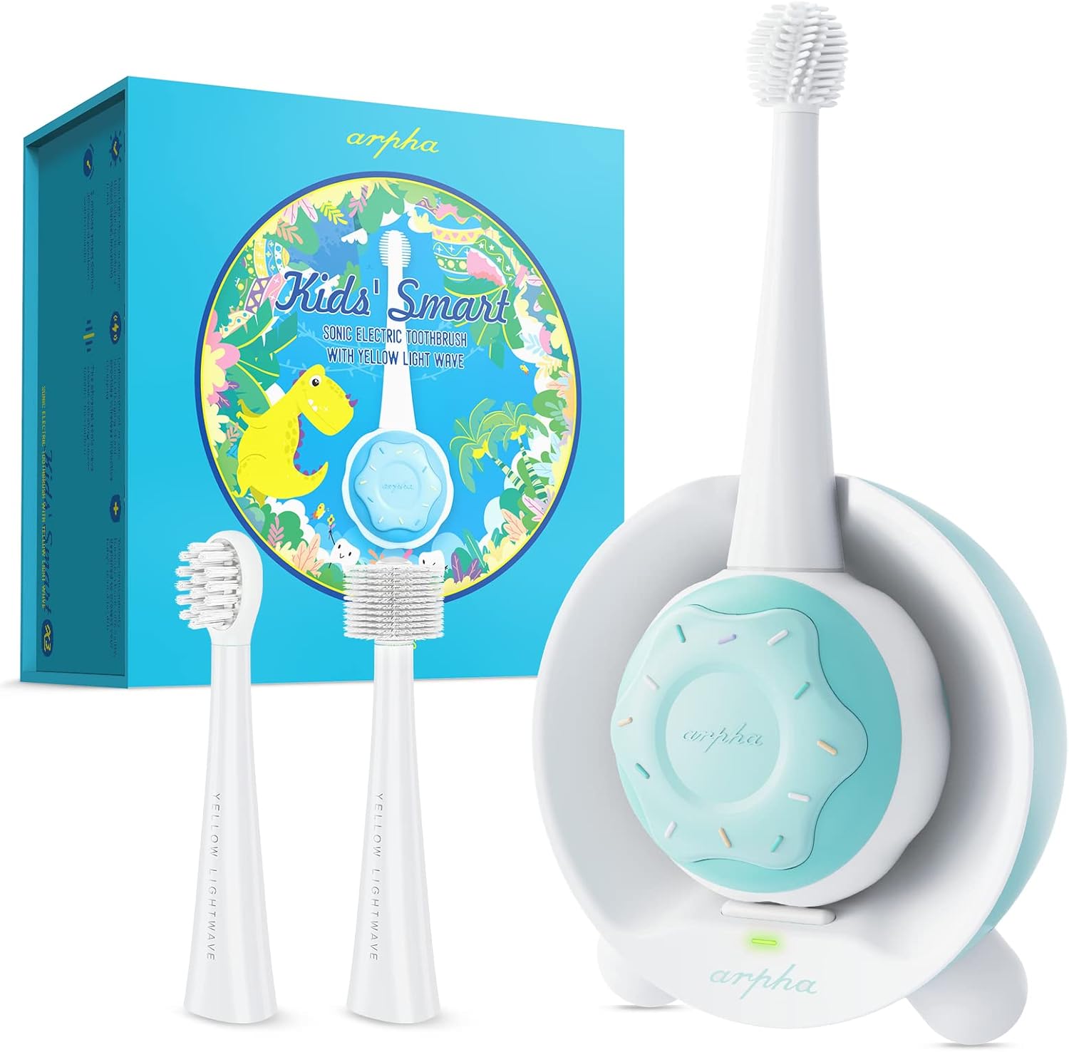 Kids Electric Toothbrushes Age 1-8, Rechargeable Toddler Timer Toothbrush with 3 Kid-Sized Brush Heads, Yellow Light Technology, Blue Dinosaur Package