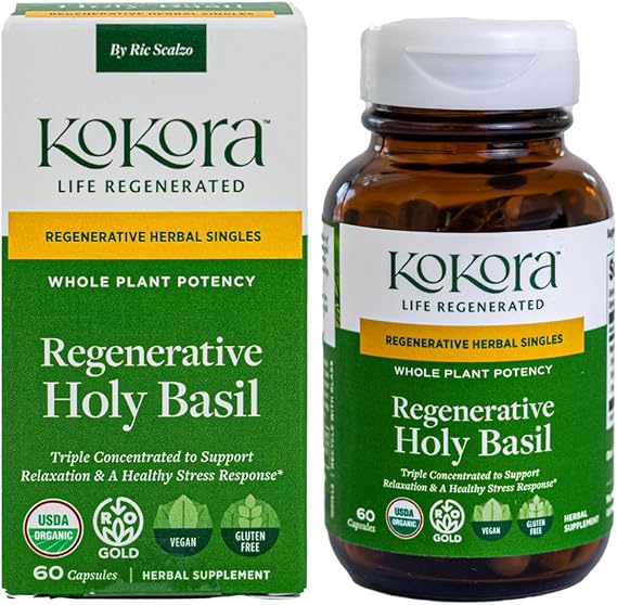 kokora Regenerative Holy Basil - Regenerative Organic Certified Relaxation, Calm Mind, Stress Relief* -Vegan, Non-GMO 60 Capsules - 30 Servings