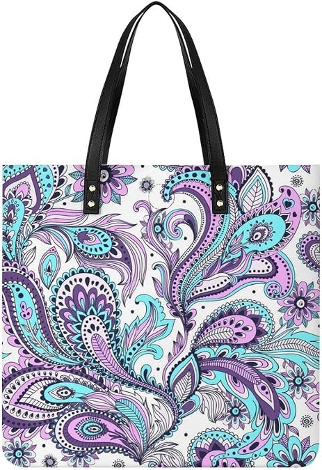 Blue Teal Purple Paisley Large Capacity Leather Handbag