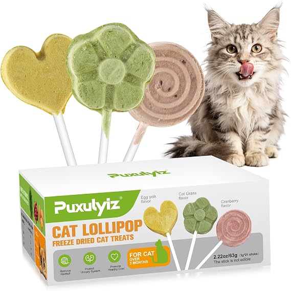 21pc Cat Lollipop Treats, Cat Grass Treats High Protein Nutrient Rich for Hairball Control and Healthy Coat, Cat Treats with Catgrass, Cranberry, Egg Yolk Flavor