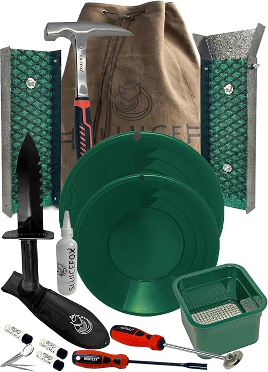 Compact Gold Prospecting Kit with 12" Pocket Sluice Box Includes Miners Moss, Gold Trap Mat, Classifier Pan, Vials, and Tote Backpack