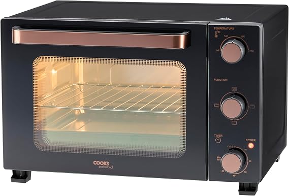 Cooks Professional Mini Oven | Electric Multi Function Countertop Cooker | 28L Capacity | Adjustable Temperature Control & Timer | 1500W | Includes Roasting Dish & Wire Rack | Black and Copper