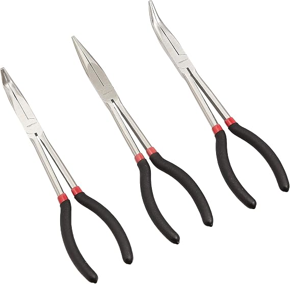 Amazon Basics Extra Long Reach Needle Nose Pliers Tool Set for Narrow Spaces, Versatile, 3-Piece, Black