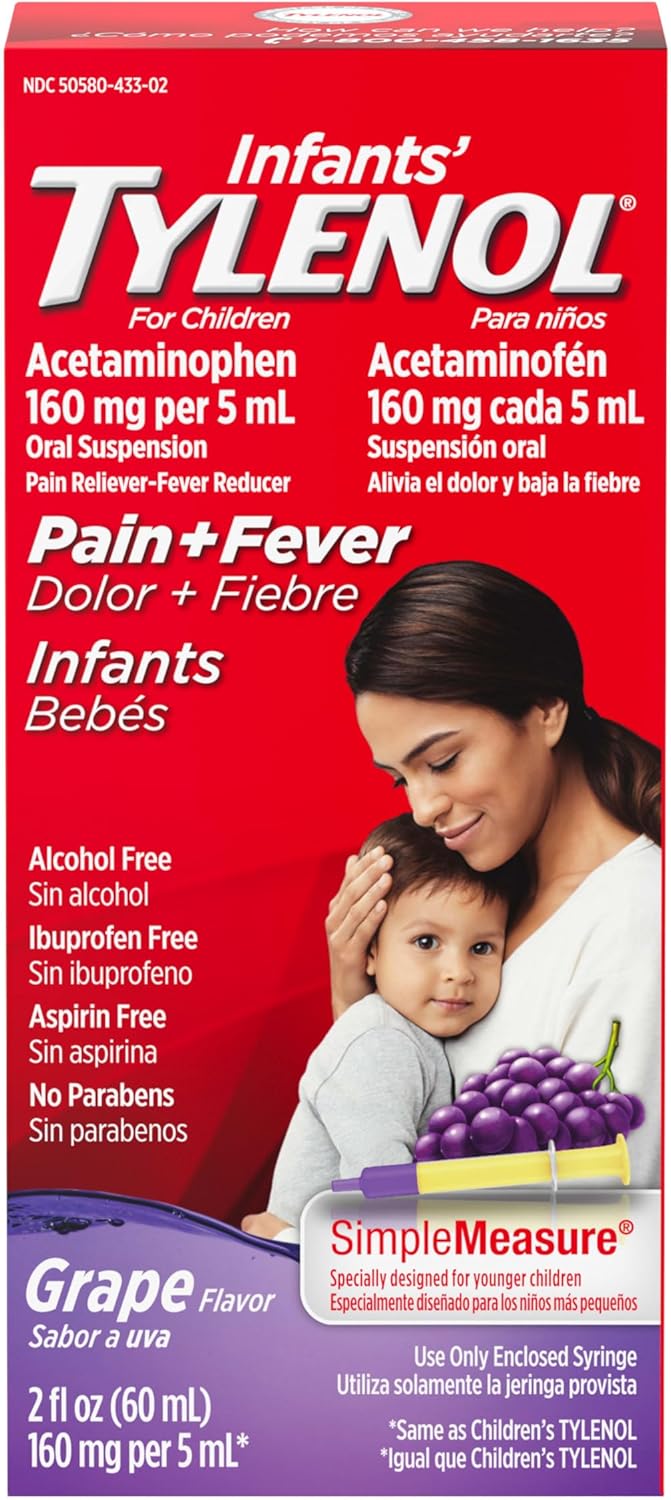 Infants Tylenol Liquid Pain Relief & Fever Medicine, Oral Suspension, Acetaminophen for Sore Throat, Headache & Teething, Pain Reliever & Fever Reducer for Kids; Grape Flavor, 2 fl. oz.; Pack of 1
