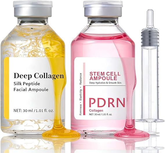 2PCS Deep Collagen Silk Peptide & PDRN Stem Cell Ampoule Set, Korean Glass Skin Serum with Sodium DNA, Anti-Ageing Peptide Serum for Face, Instant Fine Lines Smoothing & Hydrating for Women