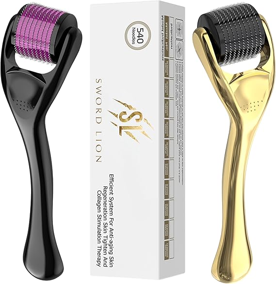 Derma Roller Microneedle Roller for Face 0.5mm, 540 Titanium Micro Needling Rollers for Men and Women - Microneedling Roller for Face & Scalp, Safe & Easy to Use Pack of 2 Gold/Black