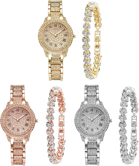 3Sets Women Watch Quartz Ladies Diamond Dress Wrist Watch with Rhinestone Bracelet Watches Set Wholesale