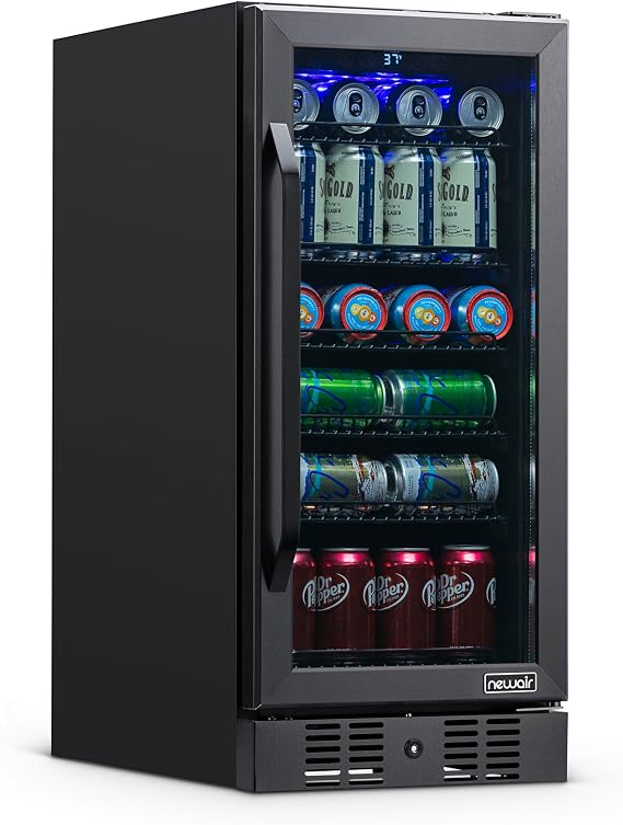 NewAir 96 Can Built-In Beverage Refrigerator | 15 Small Mini Fridge for Bedroom, Home Bar or Office | Quiet Cooling & Precise Temperature Control | Black Stainless Steel