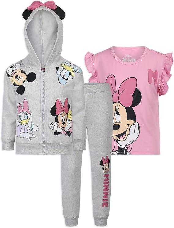 Disney Minnie Mouse Girls Hoodie T-Shirt and Pants Set for Little Kids