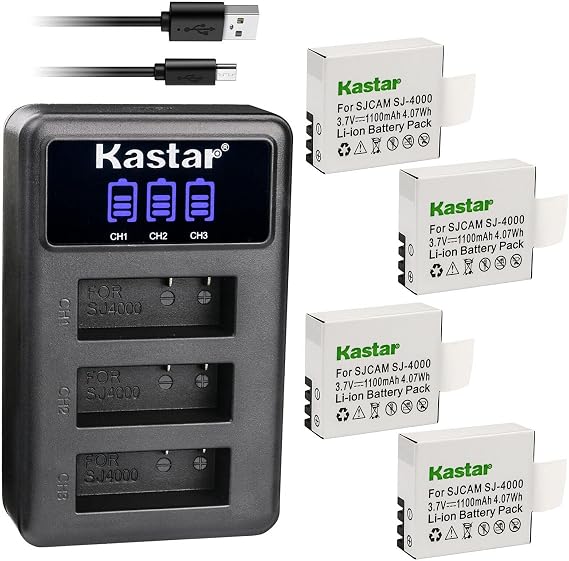 Kastar 4 Pack SJ4000 Battery and LCD Triple USB Charger Compatible with SJCAM Qumox DX 288813, SJCAM Qumox SupTig3, SJCAM SJ4000, SJCAM SJ5000, SJ5000 Plus, SJ500X Elite, SJCAM SJ6000 Camera