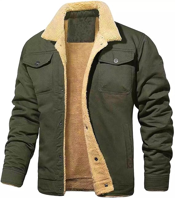 Winter Jacket for Men Thickened Fleece Lined Work Utility Coat Warm Trucker Lapel Cargo Sherpa Jacket Outdoor